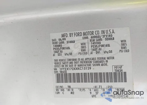 1999 Ford F-150 Work Series/Xl/Xlt z USA, uszkodzony, nr VIN 1FTZX172XXKC15139